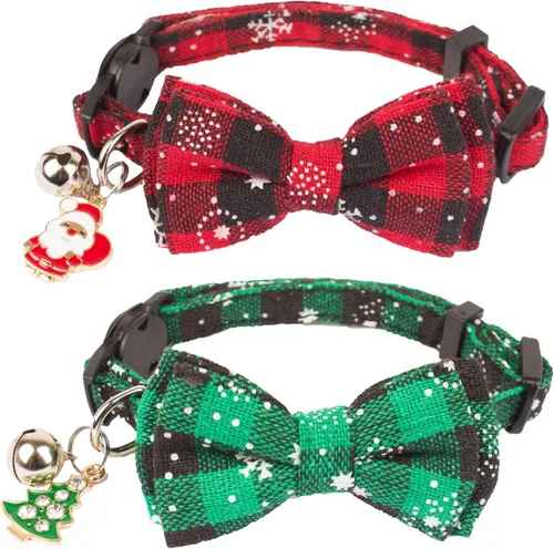 ADOGGYGO Collar Navideño para Gato de Liberación Rápida con Pajarita y Campanilla - Paquete de 2 Collares Navideños a Cuadros Rojos y Verdes con