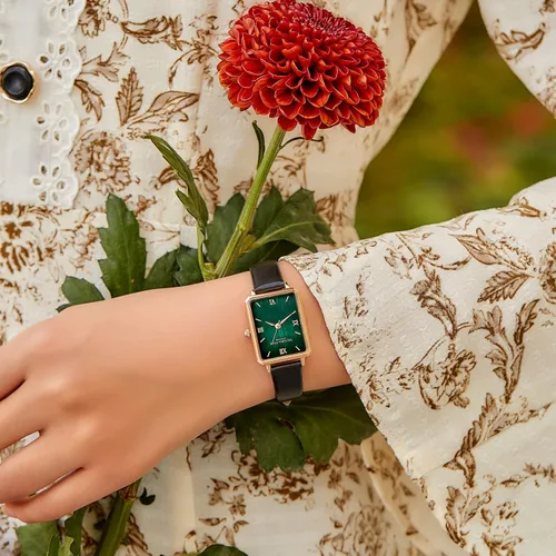 Vista 6 de VICTORIA HYDE Precioso reloj para mujer esfera de nácar verde elegante reloj rectangular con correa de cuero negro