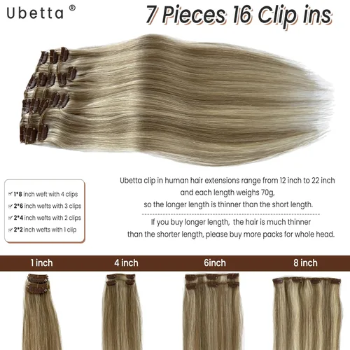 Vista 3 de Extensiones de cabello humano real con clip, rubio ceniza balayage con reflejos rubios, extensiones de cabello humano real Remy con clip, 12