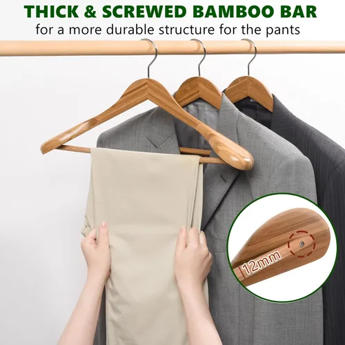 Vista 4 de Amber Home Paquete de 6 Perchas de Traje de Madera de Bambú Natural de Hombros Anchos, Perchas de Ropa de Bambú con Barra para Pantalones, Perchas