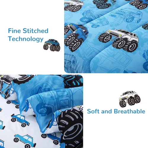 Vista 4 de Mooreeke Juego de edredón tamaño Twin para niños de 6 piezas, juego de ropa de cama azul camión para adolescentes, ropa de cama de microfibra suave