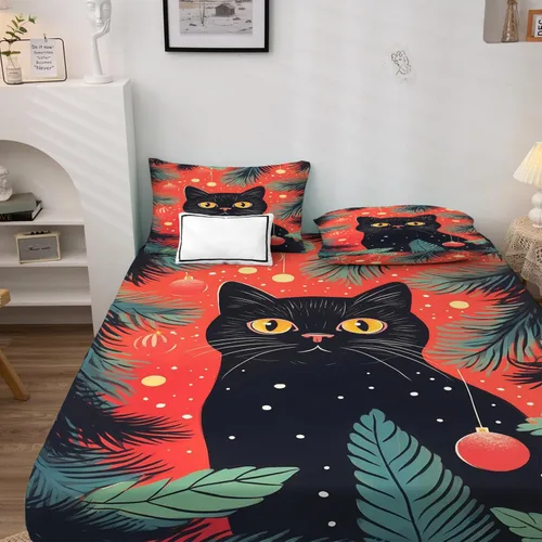 Vista 3 de Juego de sábanas de Navidad con diseño de gato tamaño individual, sábanas de microfibra suave y bolsillo profundo, sábanas y fundas de almohada