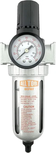 Vista 9 de Regulador de filtro de aire comprimido en línea NPT de 1 pulgada NPT SUPER DUTY Combo Piggyback, cuenco de metal, elemento de 5 micrones, ajustable