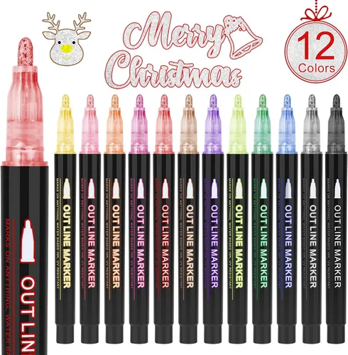 OLINGYOU - Marcadores de contorno, juego de 12 colores con brillo, juego de marcadores metálicos de contorno automático para arte, dibujo