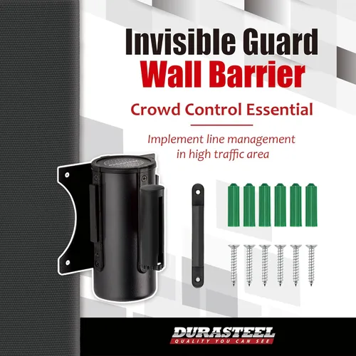 Vista 2 de DuraSteel Barrera retráctil para cinturón de control de multitudes de montaje en pared, cinturón de barrera retráctil negro de 9.2 pies, barreras