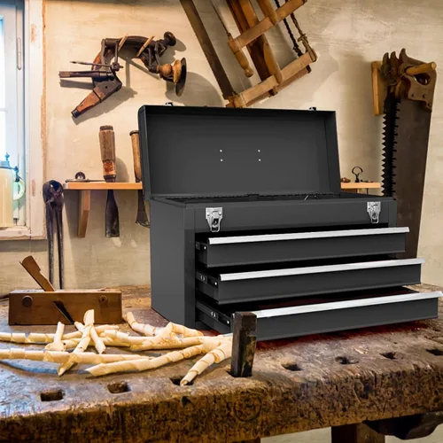 Vista 7 de ERGOMASTER Caja de herramientas portátil, caja de herramientas de metal con 3 cajones, cofre de herramientas de almacenamiento resistente con Negro