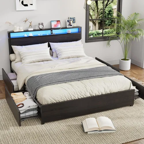 Vista 2 de Kiivakii Estructura de cama tamaño completo con cabecero, cama plataforma LED con 4 cajones de almacenamiento, estación de carga integrada, sin