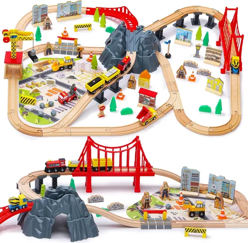 Vista 10 de SainSmart Jr. Juego de tren de madera de 112 piezas para niños pequeños – Pistas de tren de doble cara, compatibles con Brio, Thomas, Melissa & Doug