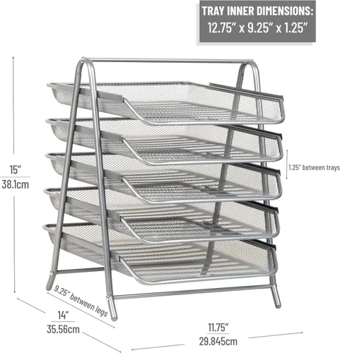 Vista 3 de Mind Reader Organizador de bandejas de papel de 5 niveles, estante vertical de almacenamiento de archivos de escritorio, para oficina, de rejilla