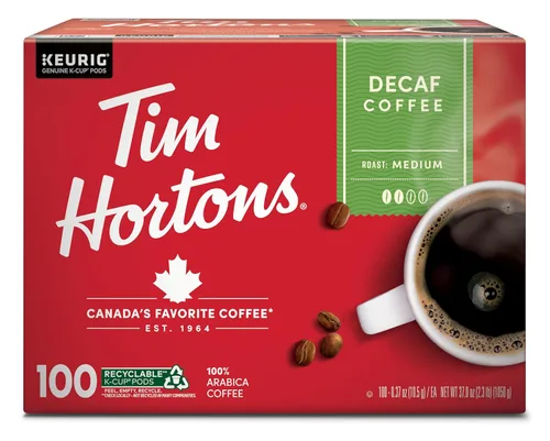 Tim Hortons Café descafeinado de tostado medio, cápsulas K-Cup de una sola porción compatibles con cafeteras Keurig, 100 cápsulas K-Cups