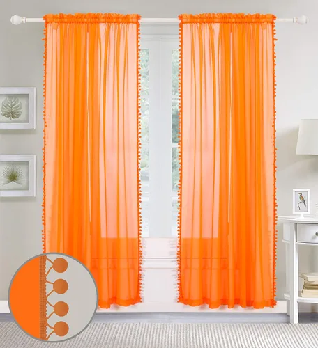Vista 3 de Elegant Comfort Cortinas semitransparentes con borlas con pompones, juego de 2 paneles, con bolsillo para barra de 2 pulgadas, cortinas Naranja
