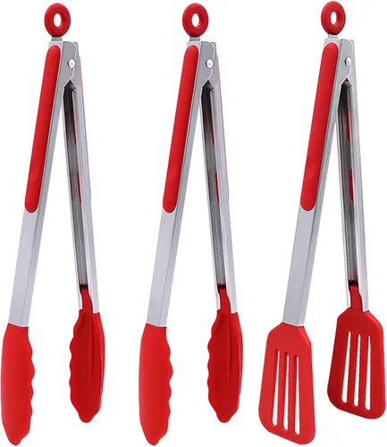 Vista 14 de Juego de 3 pinzas de silicona para servir, pequeñas pinzas de cocina (7 pulgadas) con puntas de silicona y mango de acero inoxidable, pinzas
