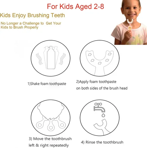 Vista 5 de Cepillo de dientes en forma de U 360 para niños pequeños, edad de 2-6, 2, 4, 4, 7 y 6 a 8 años, paquete de cabezal de cepillo de dientes
