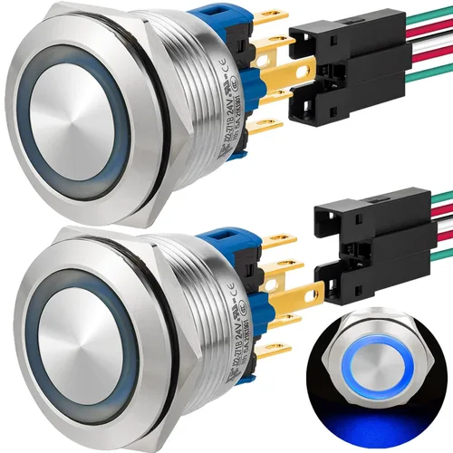 Vista 23 de Interruptor de botón con pestillo de 0.866 in 7/8 pulgadas, 24 V CC/CA SPDT de encendido y apagado, impermeable, IP67, acero inoxidable 304 con Azul