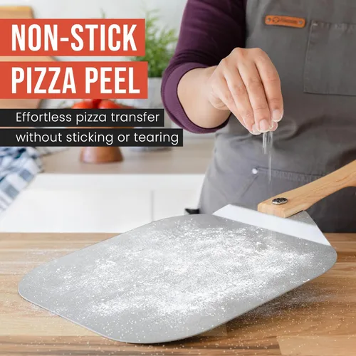 Vista 5 de Pomodoro pala para pizza de aluminio con asa de madera plegable para guardar fácilmente, de 12" x 14", para cocinar pan y pizzas en el hogar