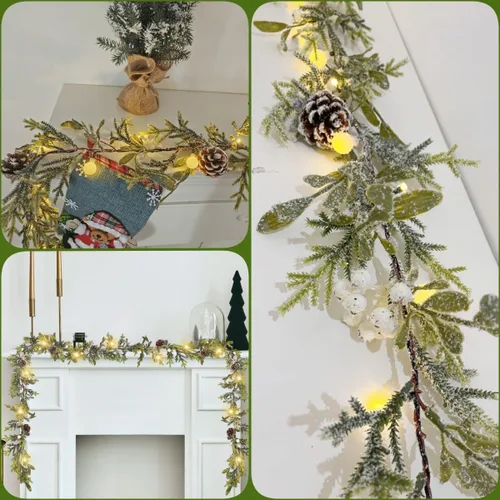 Vista 6 de Guirnalda de Navidad de 6 pies con nieve, guirnalda preiluminada con 20 luces LED, conos de pino, bayas blancas y bola, funciona