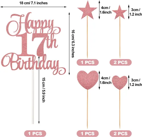 Vista 3 de El juego de decoraciones para pasteles de cumpleaños de 17 incluye velas de cumpleaños número 17 y adornos para tartas de feliz cumpleaños de 17