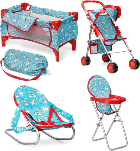 Vista 10 de fash n kolor El juego de 4 piezas para muñeca de bebé, diseño de flores, incluye paquete plegable y juego, cochecito de muñeca de bebé, silla alta