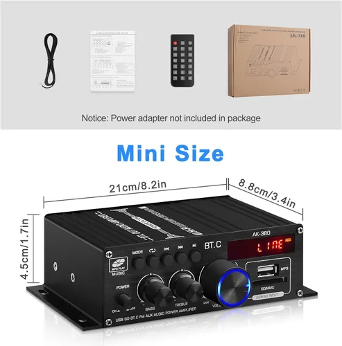 Vista 7 de Amplificador de potencia de audio Bluetooth 5.0 AK-380 400W+400W 2.0 CH Receptor de amplificador estéreo HiFi con USB, SD, AUX, antena FM