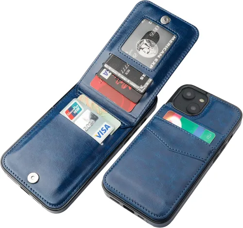 Vista 14 de KIHUWEY Funda compatible con iPhone 14 Plus con soporte para tarjeta de crédito, cierre magnético de cuero de alta calidad, función atril, funda