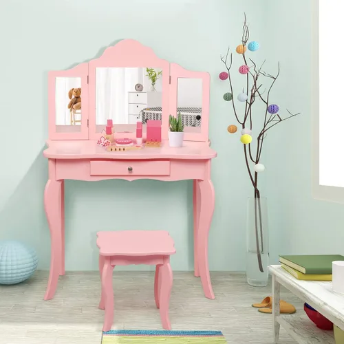Vista 6 de Costzon Juego de Mesa de Tocador y Taburete de Madera para Niños, Diseño Desmontable 2 en 1 con Mesa de Tocador y Escritorio, Mesa de Tocador