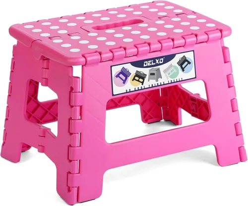 Vista 42 de Delxo Taburete plegable de 17.5 pulgadas, taburete plegable para adultos con bloqueo de seguridad, taburete plegable portátil de plástico, taburetes