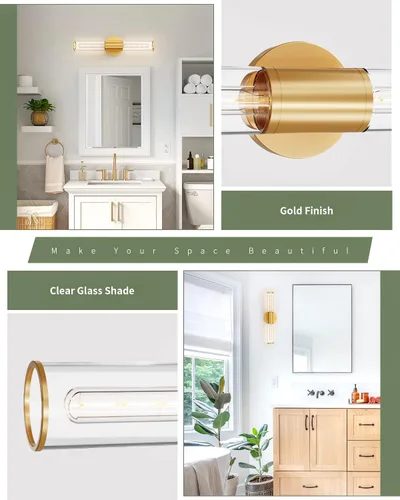 Vista 3 de Lámpara de tocador de baño, aplique de pared dorado de 2 luces con vidrio transparente, lámpara de pared E26 interior para espejo, sala de estar