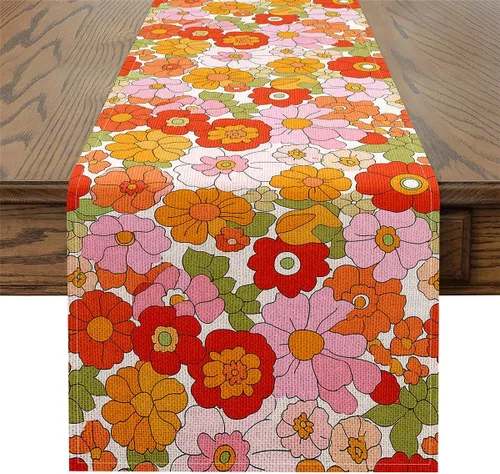 jejeloiu Vintage Boho Plant Floral Table Runner 60S 70S Groovy Kitchen Dining Decoration for Home Party Retro Hippie Floral Home Decor for Living