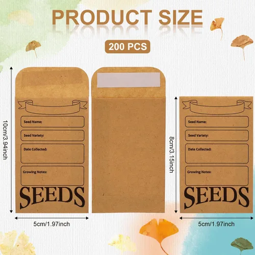 Vista 2 de SAVITA 200 sobres de semillas, bolsa de papel reutilizable autosellante para almacenamiento de semillas impresa con tipos de plantilla de nombre
