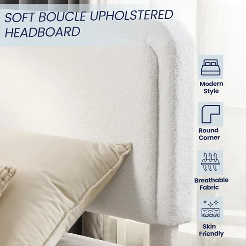 Vista 5 de Flolinda Base de cama tapizada de tamaño Queen con cabecera ajustable, plataforma moderna con listones de madera de tela Boucle, perfil bajo,