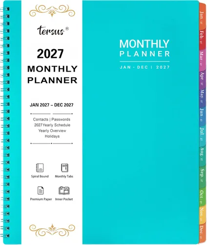 Agenda mensual 2027, enero 2027-diciembre 2027, 9 x 11 pulgadas | Agenda de 12 meses con bolsillo interior y pestañas mensuales coloridas, ideal