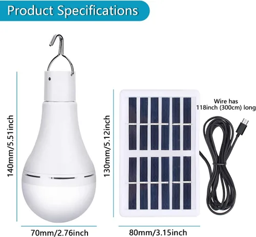 Vista 4 de Lámpara solar LED de emergencia, 9 W, luz de campamento portátil con temporizador remoto, sensor de iluminación, carga USB y carga de panel solar, 4
