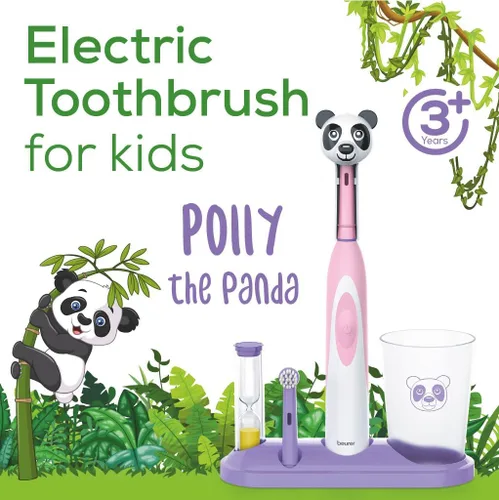 Vista 2 de Beurer TB10 - Kit de cepillo de dientes eléctrico para niños, divertido gorro Polly The Panda con 2 cabezales de cepillo extra suaves para ayudar a