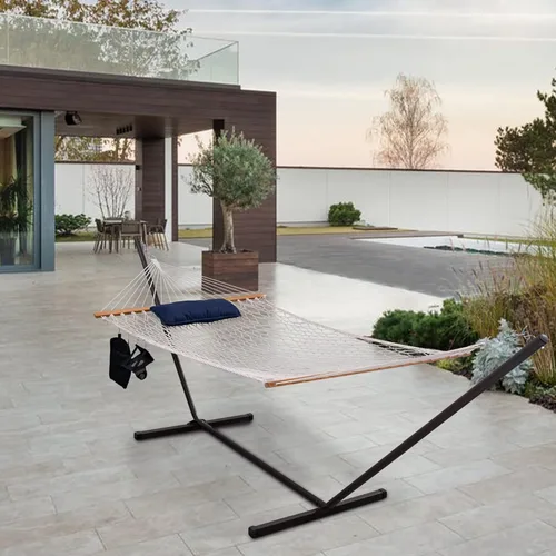 Vista 5 de Lazy Daze Hammocks Hamaca de doble cuerda con soporte incluido, cuerda de algodón tradicional de 12 pies con almohada para exterior, patio trasero