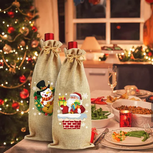 Vista 8 de CCINEE 10 piezas de bolsas de vino de arpillera - Fundas para botellas de yute - Bolsas de regalo navideñas reutilizables con cordón