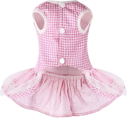 Vista 2 de Vestido para perro a cuadros con lazo, bonito vestido para perro pequeño, gato, cachorro con correa de arnés (rosa, XS)