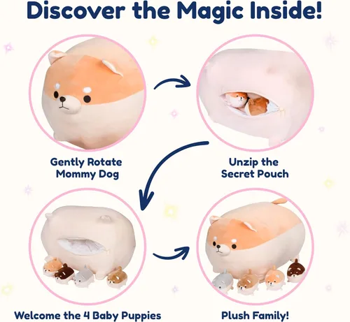Vista 6 de PixieCrush - Juguetes de perro de peluche - Lindos peluches de Shiba Inu mamá con 4 cachorros - Adorable almohada de peluche para juego imaginativo