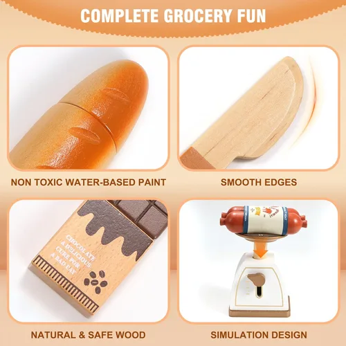 Vista 6 de Pithfor Juego de alimentos de madera para niños pequeños, tienda de comestibles, comida de simulación, compras y juegos, accesorios de cocina