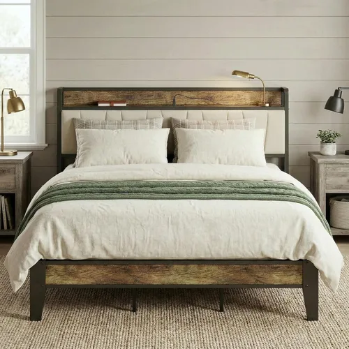 Vista 11 de LIKIMIO Base de cama individual, cabecero de almacenamiento con estación de carga, sólido y estable, sin ruido, no necesita somier, fácil montaje