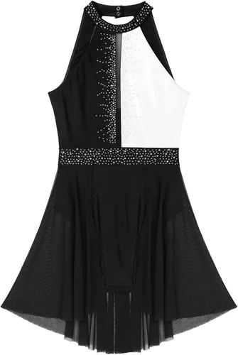 Vista 5 de FEESHOW Women Shiny Rhinestone Lyrical Dance Dress Backless Leotard Dresses Figure Skating Dance Costume E90#negro y blanco