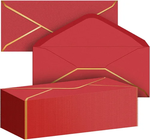 Cholemy Paquete de 50 sobres rojos #10 con borde dorado, autoadhesivos, solapa en V, sobres de graduación para negocios 2026, sobres de graduación