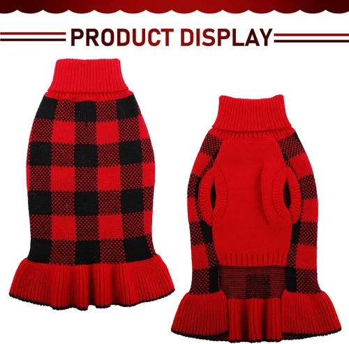 Vista 2 de Vestido suéter para perro, ropa de punto a cuadros para perros pequeños y medianos, cálido, cuello alto, elástico, lindo chaleco de otoño e