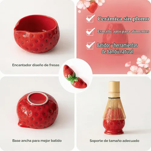 Vista 4 de Juego de batidor de matcha, juego de 7 piezas de matcha de fresa con Pajita Roja