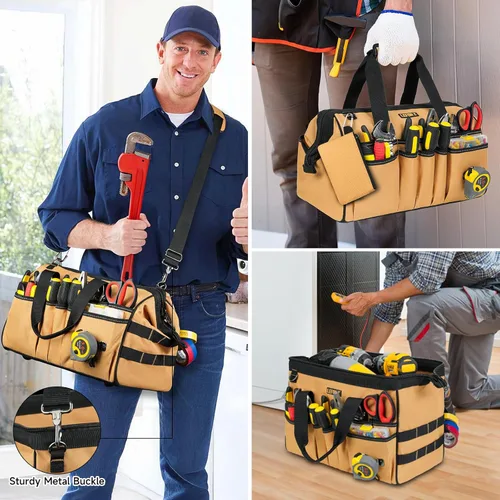 Vista 6 de Bolsa de herramientas de 15 pulgadas, 38 bolsillos para hombres, organizador de caja de herramientas resistente, bolsa de herramientas de boca