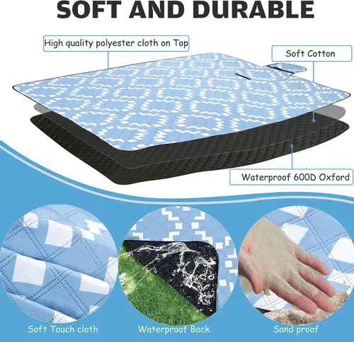 Vista 4 de Manta de picnic grande para playa, impermeable, a prueba de arena, para exteriores, plegable, tapete de picnic sin arena con correa de transporte