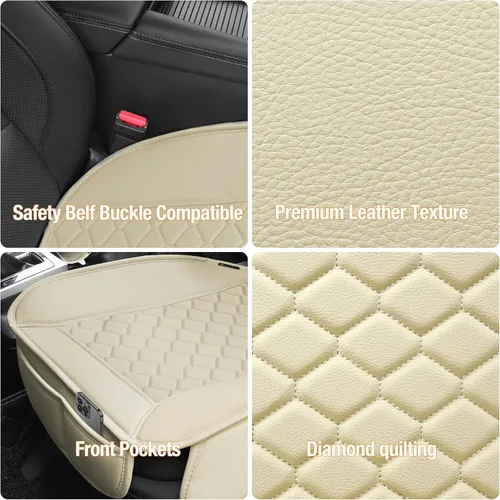 Vista 3 de Elantrip 2 Piezas Fundas de Asiento de Automóvil de Cuero Sintético Beige con Comodidad Acolchada y Bolsillos de Almacenamiento Impermeables