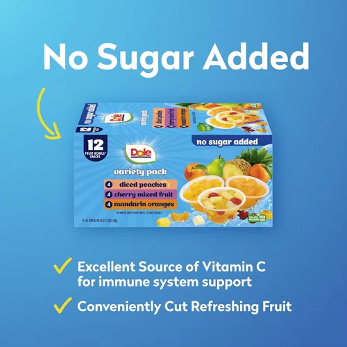 Vista 4 de Dole Duraznos en Cubitos, Naranjas Mandarinas y Frutas Mixtas de Cereza sin Azúcar Añadido Paquete Variado - Bocadillos Dole Fruit Bowls - Tazones