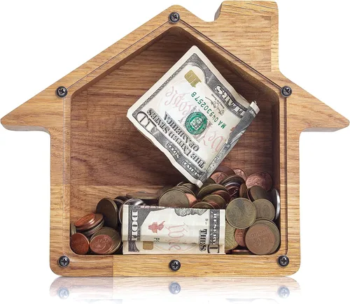 Vista 3 de Banco de monedas personalizado Regalo de la nueva casa Marco de caja de dinero de madera Hucha para niños y niñas Tarro de punta de madera Hucha