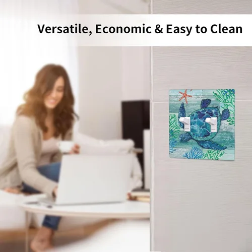 Vista 5 de Placas de interruptor de luz de doble palanca con diseño de tortuga marina y estrella de mar del océano, cubiertas de tomacorriente de 2 gang