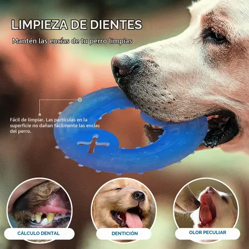 Vista 4 de Juguete de dentición congelable para cachorros, 1 anillo de dentición + 1 hueso de dentición congelable para perros juguetes masticables (azul)